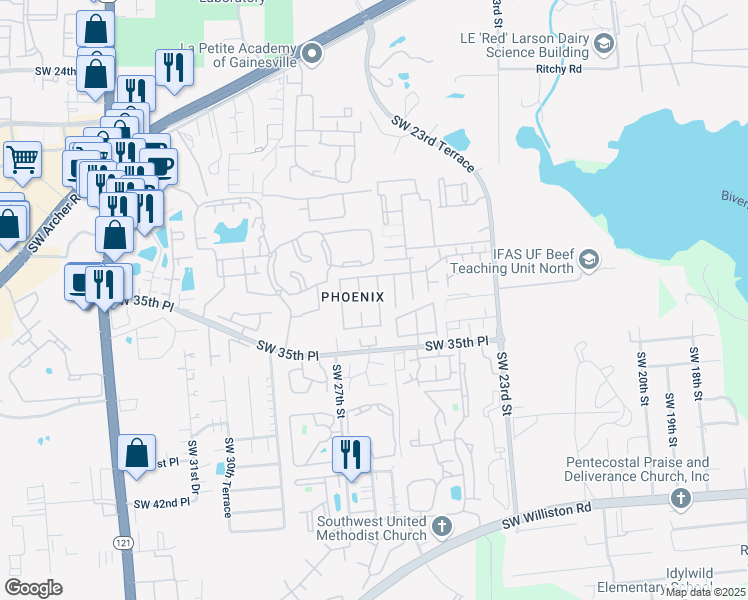 map of restaurants, bars, coffee shops, grocery stores, and more near 3224 Southwest 25 Way in Gainesville