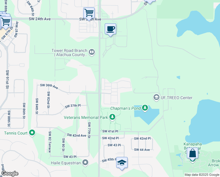 map of restaurants, bars, coffee shops, grocery stores, and more near 7314 Southwest 35th Lane in Gainesville