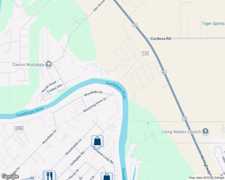 map of restaurants, bars, coffee shops, grocery stores, and more near 636 Woodlake Drive in McQueeney