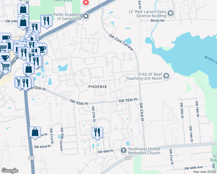 map of restaurants, bars, coffee shops, grocery stores, and more near 3224 Southwest 25 Way in Gainesville