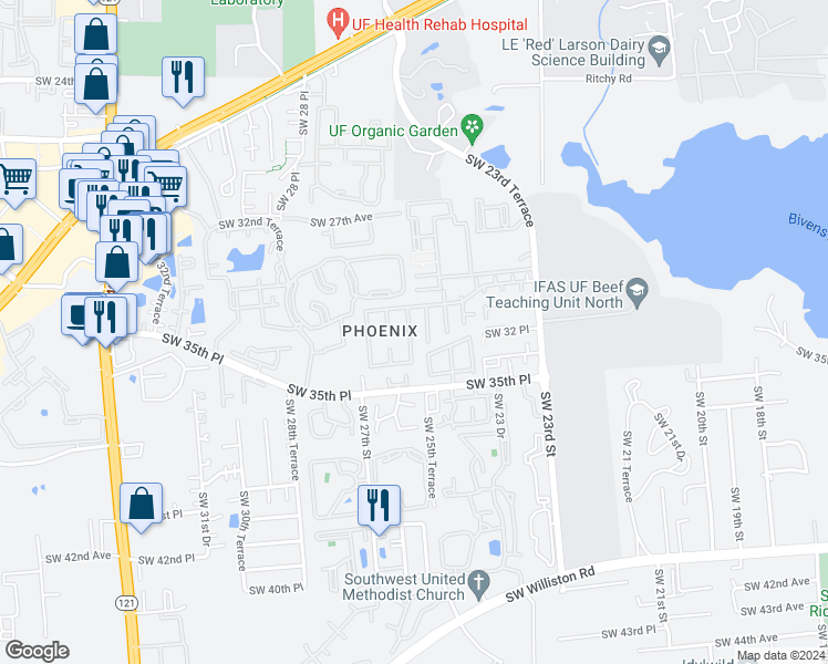 map of restaurants, bars, coffee shops, grocery stores, and more near 3224 Southwest 25 Way in Gainesville