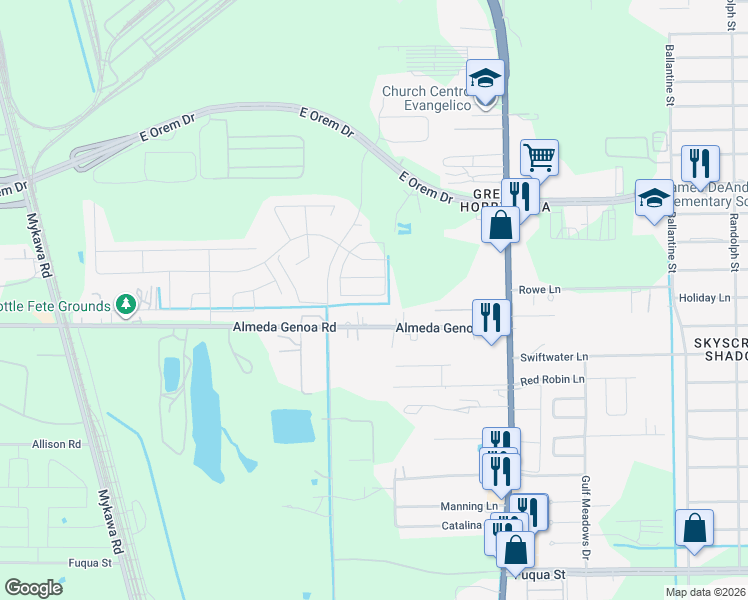 map of restaurants, bars, coffee shops, grocery stores, and more near 7425 Almeda Genoa Road in Houston