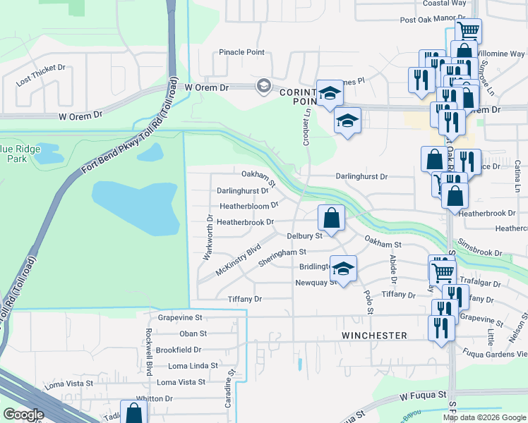 map of restaurants, bars, coffee shops, grocery stores, and more near 6135 Heatherbloom Drive in Houston