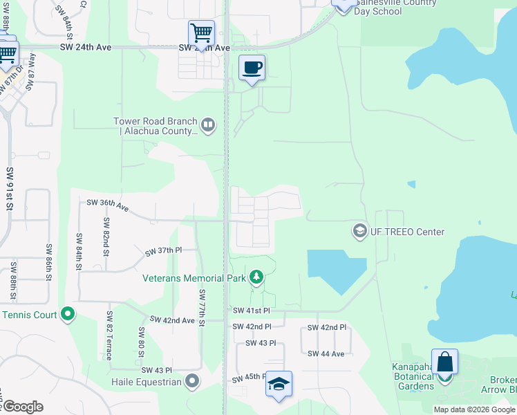 map of restaurants, bars, coffee shops, grocery stores, and more near 3495 Southwest 73rd Way in Gainesville