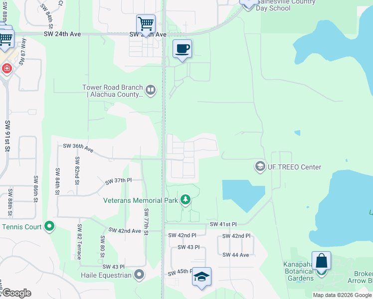 map of restaurants, bars, coffee shops, grocery stores, and more near 3495 Southwest 73rd Way in Gainesville
