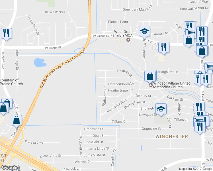 map of restaurants, bars, coffee shops, grocery stores, and more near 6323 Heatherbloom Drive in Houston
