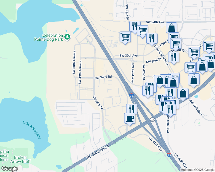map of restaurants, bars, coffee shops, grocery stores, and more near 3905 Southwest 43rd Street in Gainesville