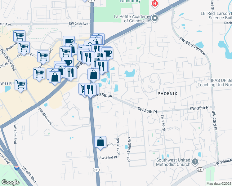 map of restaurants, bars, coffee shops, grocery stores, and more near 3010 Southwest 35th Place in Gainesville