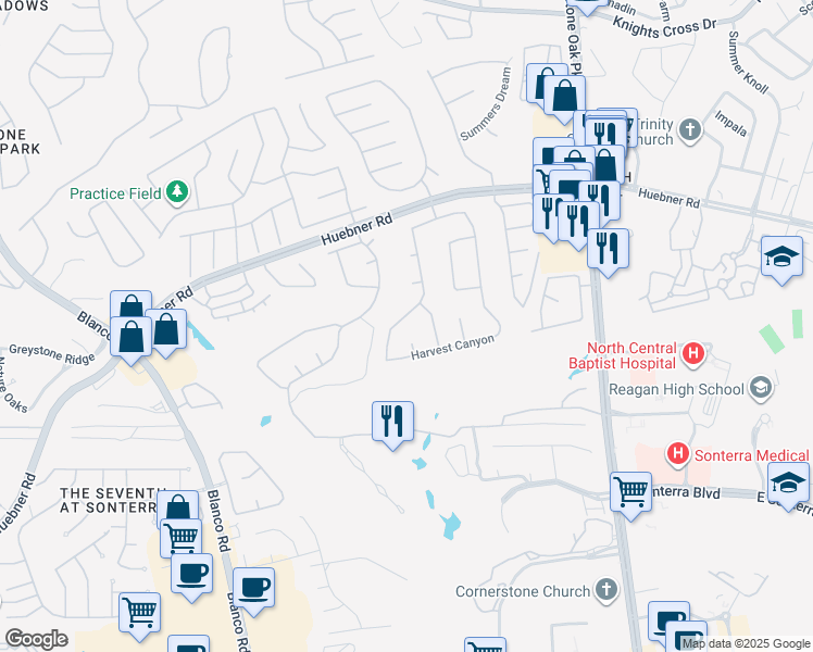 map of restaurants, bars, coffee shops, grocery stores, and more near 19126 Autumn Garden in San Antonio