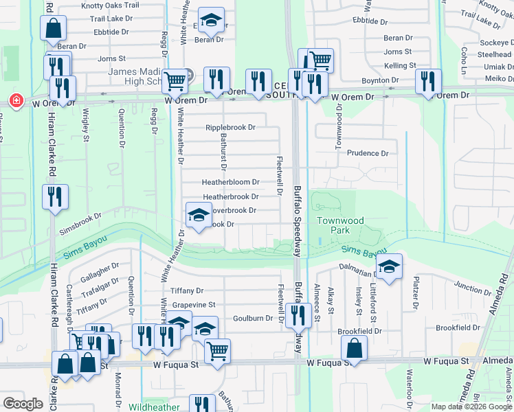map of restaurants, bars, coffee shops, grocery stores, and more near 3726 Cloverbrook Drive in Houston