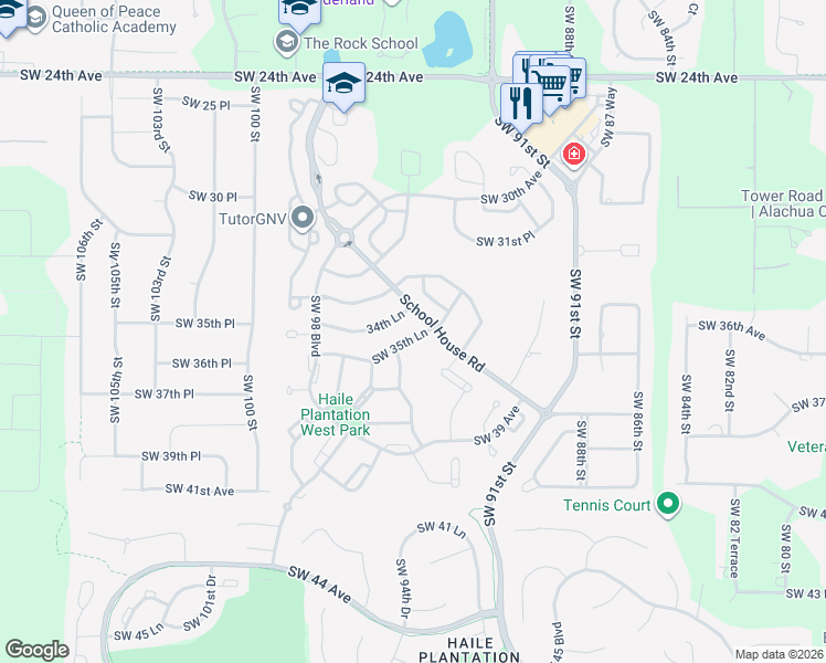 map of restaurants, bars, coffee shops, grocery stores, and more near 9306 Southwest 35th Lane in Gainesville