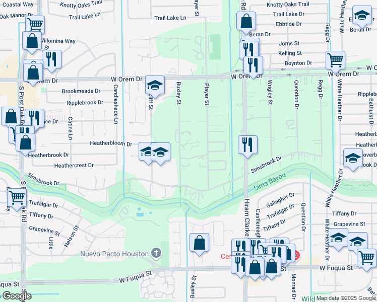 map of restaurants, bars, coffee shops, grocery stores, and more near 14061 Buxley Street in Houston