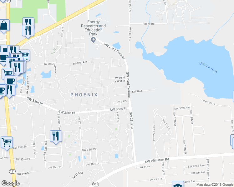 map of restaurants, bars, coffee shops, grocery stores, and more near 2340 Southwest 32 Place in Gainesville