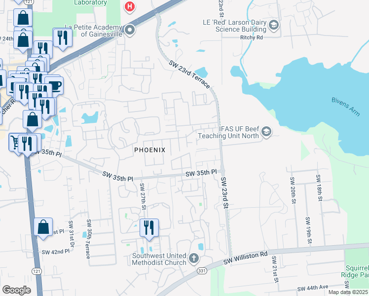 map of restaurants, bars, coffee shops, grocery stores, and more near 3228 Southwest 24 Way in Gainesville