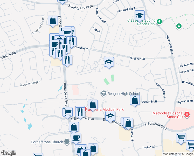 map of restaurants, bars, coffee shops, grocery stores, and more near 505 Madison Oak Drive in San Antonio