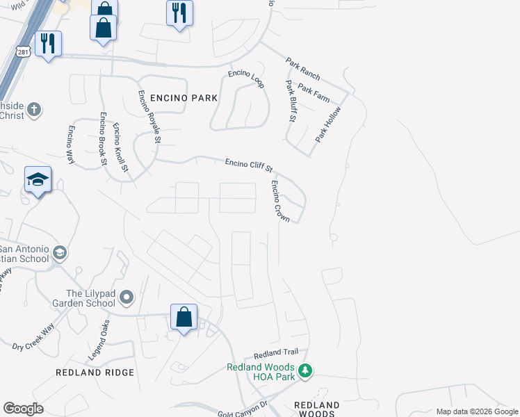 map of restaurants, bars, coffee shops, grocery stores, and more near 19310 Amore Bluff in San Antonio