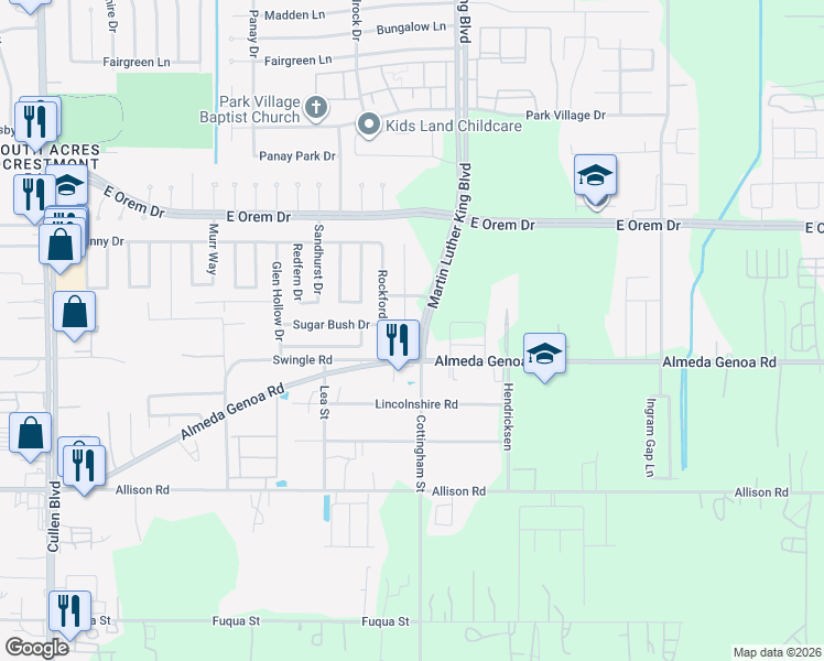 map of restaurants, bars, coffee shops, grocery stores, and more near 12939 Almeda Crossing Court in Houston