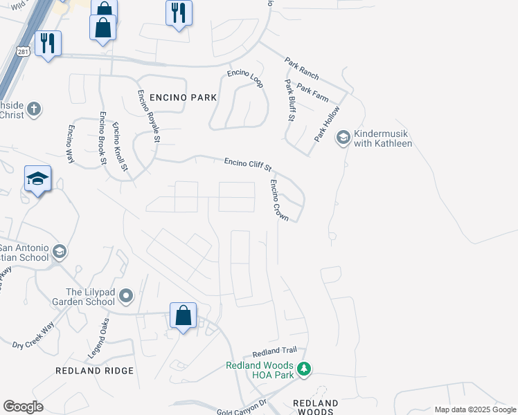 map of restaurants, bars, coffee shops, grocery stores, and more near 19310 Amore Bluff in San Antonio