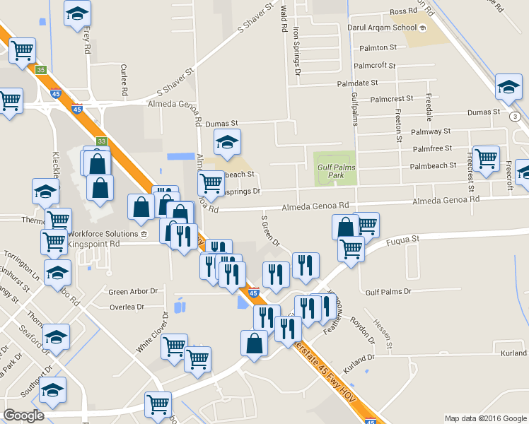 map of restaurants, bars, coffee shops, grocery stores, and more near 12510 South Green Drive in Houston