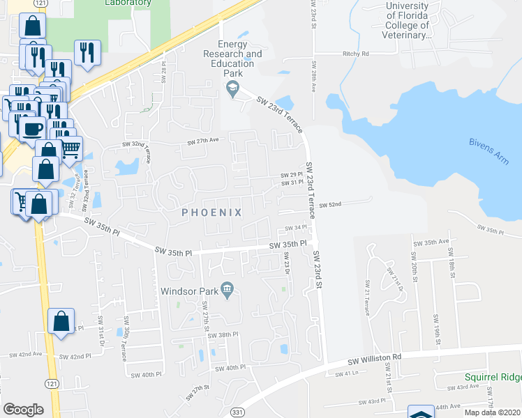 map of restaurants, bars, coffee shops, grocery stores, and more near 3228 Southwest 24 Way in Gainesville