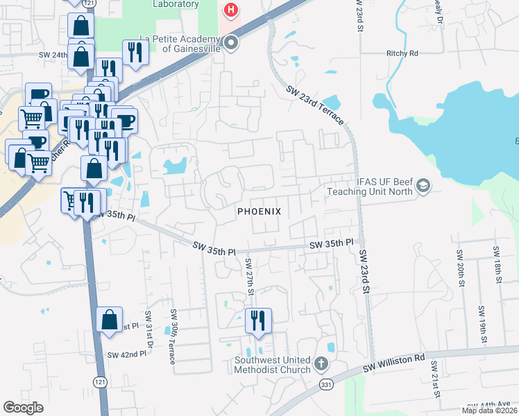 map of restaurants, bars, coffee shops, grocery stores, and more near in Gainesville