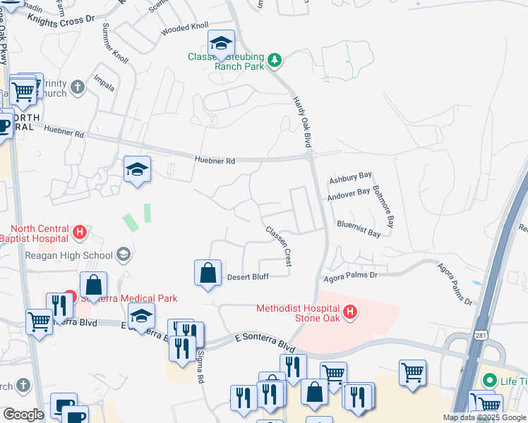 map of restaurants, bars, coffee shops, grocery stores, and more near 903 Classen Pass in San Antonio