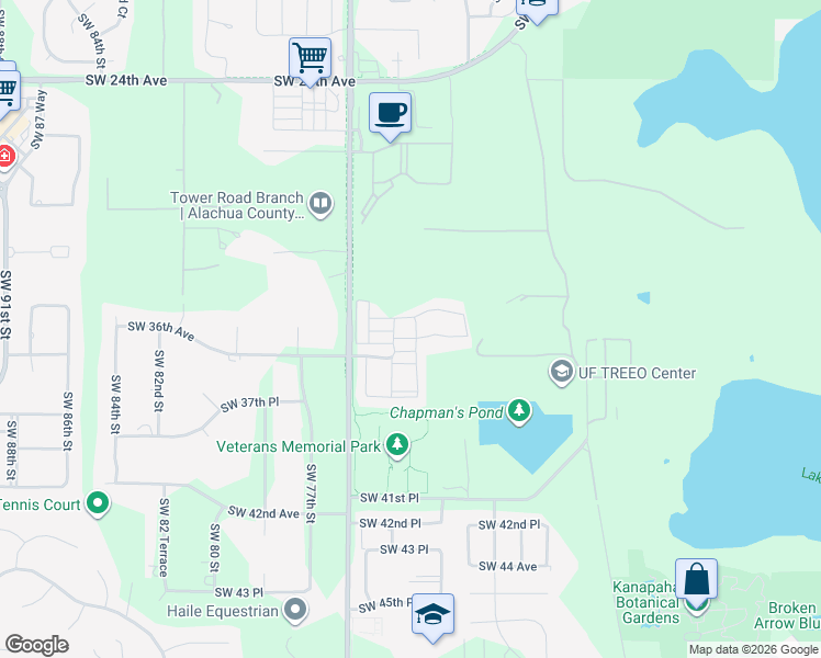 map of restaurants, bars, coffee shops, grocery stores, and more near 3480 Southwest 72nd Way in Gainesville