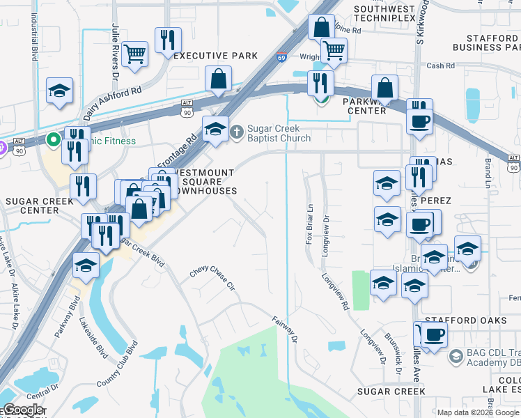 map of restaurants, bars, coffee shops, grocery stores, and more near 16 Wellington Lane in Sugar Land