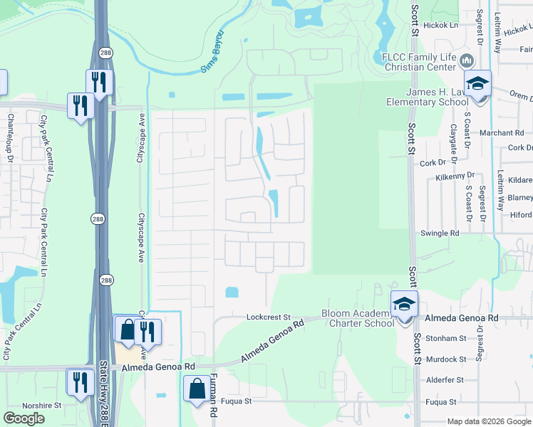 map of restaurants, bars, coffee shops, grocery stores, and more near Swingle Road in Houston
