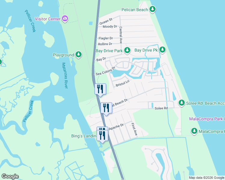 map of restaurants, bars, coffee shops, grocery stores, and more near 34 Bristol Drive in Palm Coast