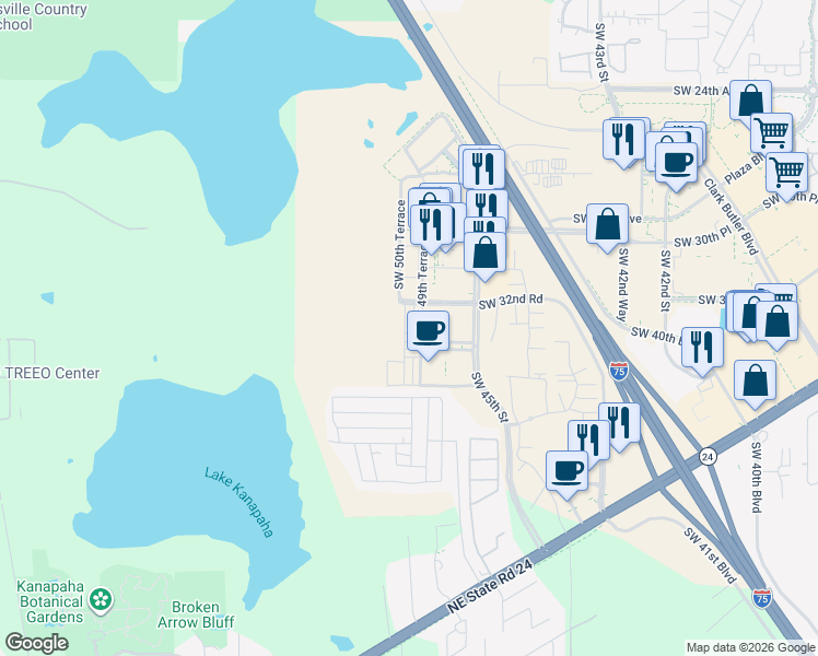map of restaurants, bars, coffee shops, grocery stores, and more near 3377 Southwest 50th Drive in Gainesville
