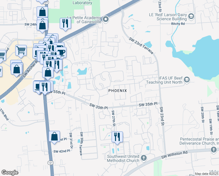 map of restaurants, bars, coffee shops, grocery stores, and more near 3104 Southwest 27th Street in Gainesville