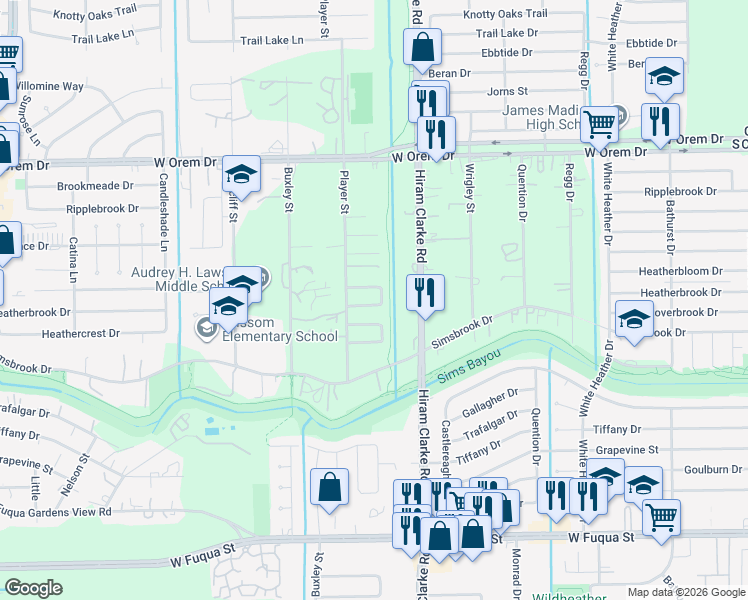 map of restaurants, bars, coffee shops, grocery stores, and more near 4610 Prima Vera Drive in Houston
