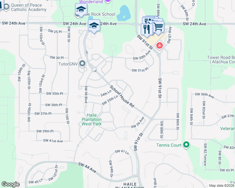 map of restaurants, bars, coffee shops, grocery stores, and more near 9306 Southwest 35th Lane in Gainesville