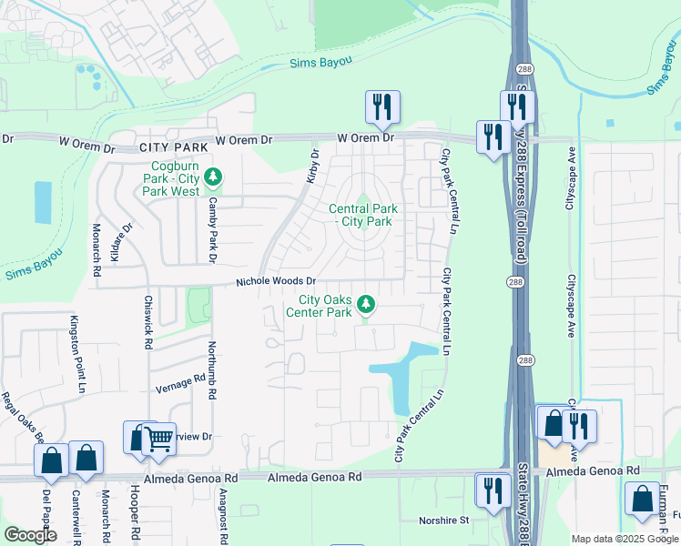 map of restaurants, bars, coffee shops, grocery stores, and more near 11929 Prior Park Drive in Houston