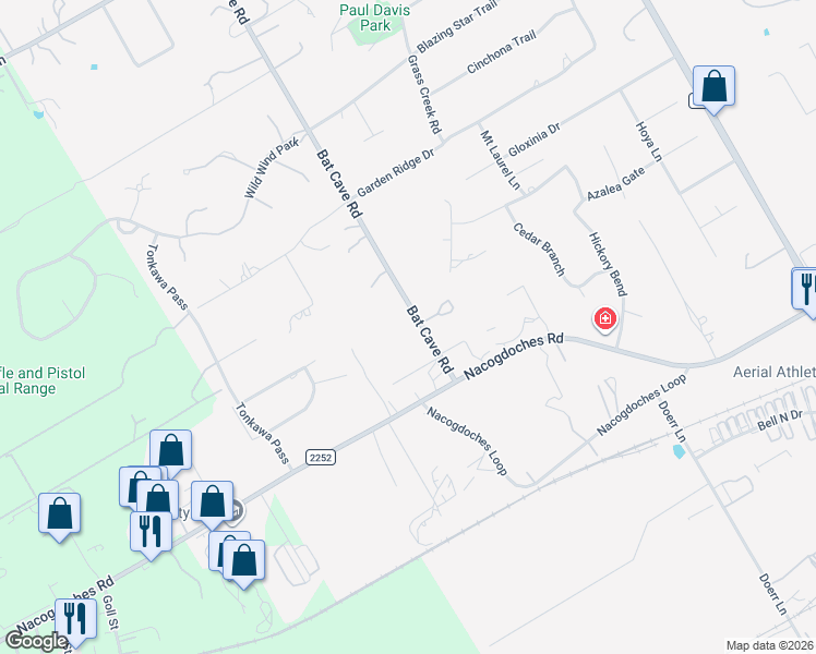 map of restaurants, bars, coffee shops, grocery stores, and more near 19433 Bat Cave Road in Garden Ridge