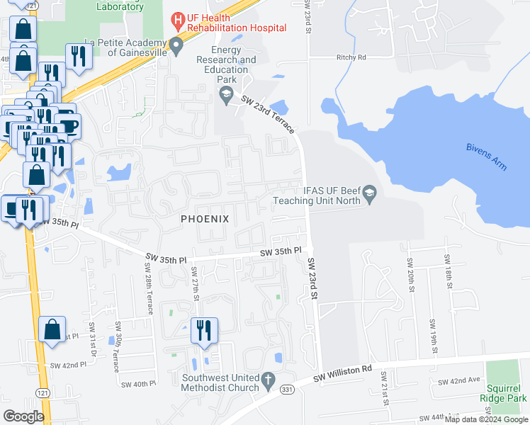 map of restaurants, bars, coffee shops, grocery stores, and more near 3228 Southwest 24 Way in Gainesville