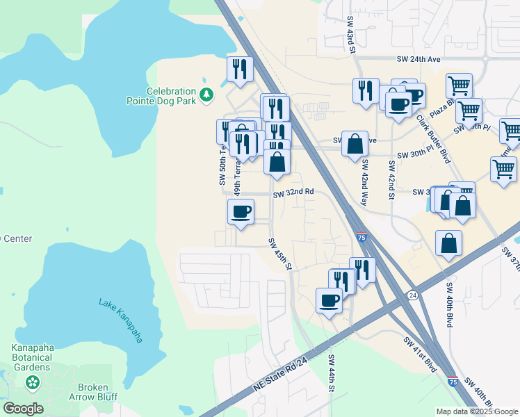 map of restaurants, bars, coffee shops, grocery stores, and more near 3414 Southwest 45th Street in Gainesville