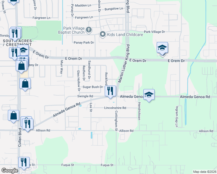 map of restaurants, bars, coffee shops, grocery stores, and more near 12939 Almeda Crossing Court in Houston