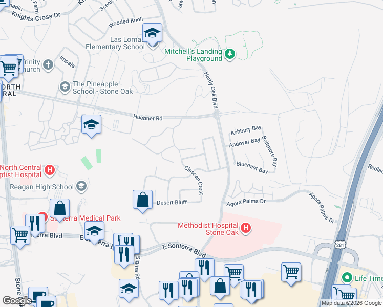 map of restaurants, bars, coffee shops, grocery stores, and more near 903 Classen Pass in San Antonio