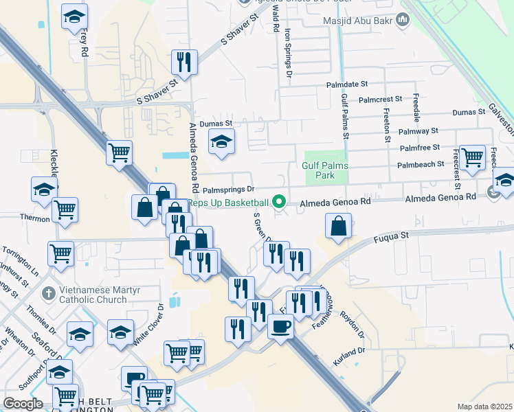 map of restaurants, bars, coffee shops, grocery stores, and more near 12501 South Green Drive in Houston