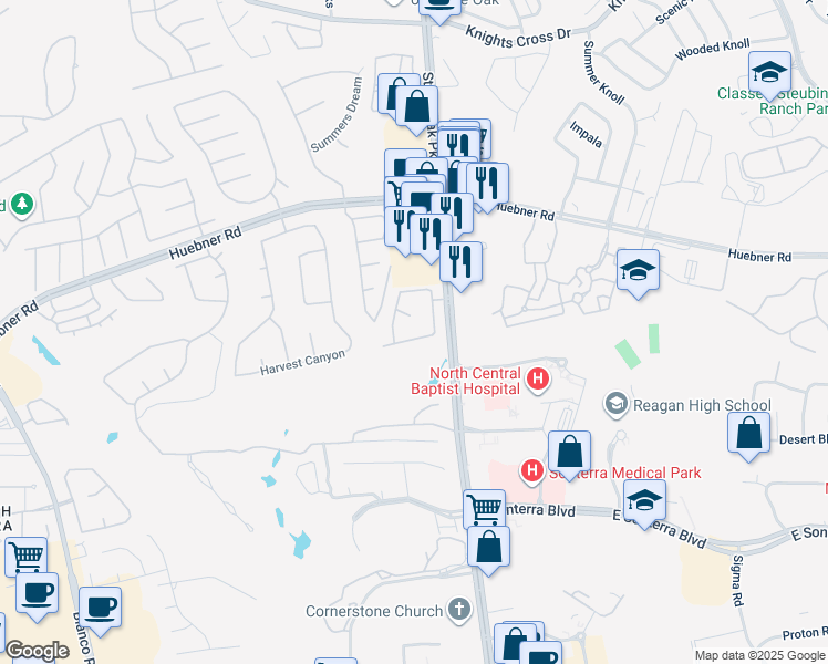 map of restaurants, bars, coffee shops, grocery stores, and more near 627 South Birdsong Way in San Antonio