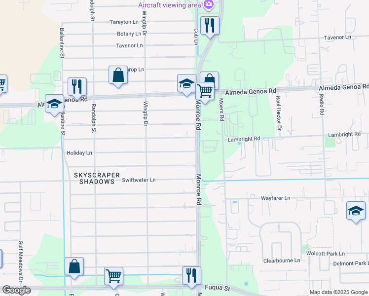 map of restaurants, bars, coffee shops, grocery stores, and more near 8421 Holiday Lane in Houston