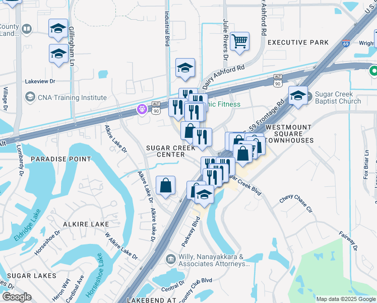 map of restaurants, bars, coffee shops, grocery stores, and more near 3 Sugar Creek Center Boulevard in Sugar Land