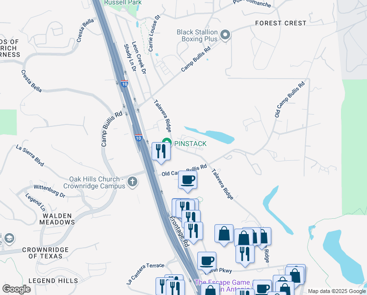 map of restaurants, bars, coffee shops, grocery stores, and more near 19327 Talavera Ridge in San Antonio