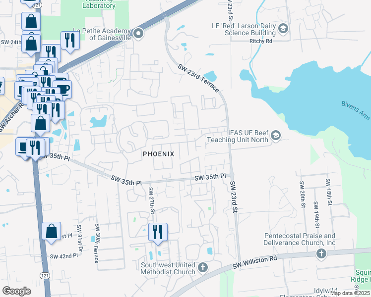 map of restaurants, bars, coffee shops, grocery stores, and more near 3212 Southwest 25th Drive in Gainesville