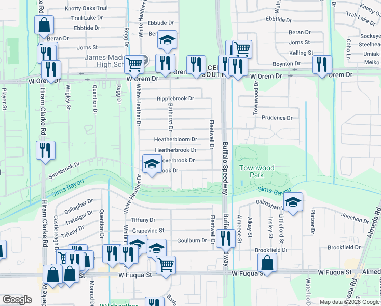 map of restaurants, bars, coffee shops, grocery stores, and more near 3739 Heatherbrook Drive in Houston