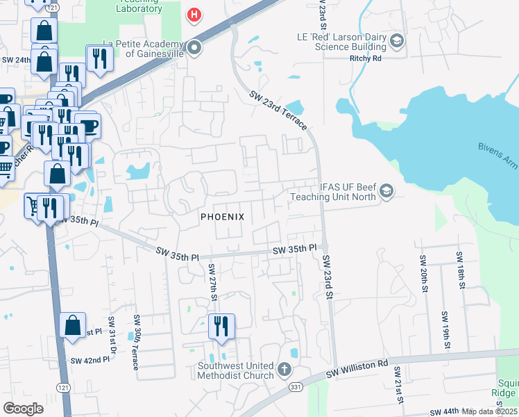 map of restaurants, bars, coffee shops, grocery stores, and more near 3212 Southwest 25th Drive in Gainesville