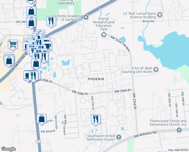map of restaurants, bars, coffee shops, grocery stores, and more near 3117 Southwest 26 Way in Gainesville