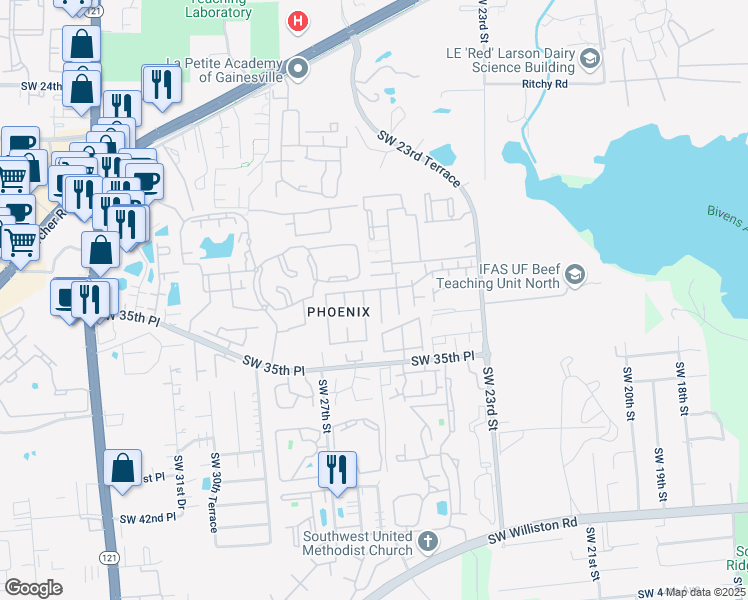 map of restaurants, bars, coffee shops, grocery stores, and more near 3224 Southwest 25 Way in Gainesville